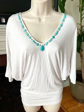 Soul Revival White Turquoise Beaded v-Neck Dolman Top M Beach Boho